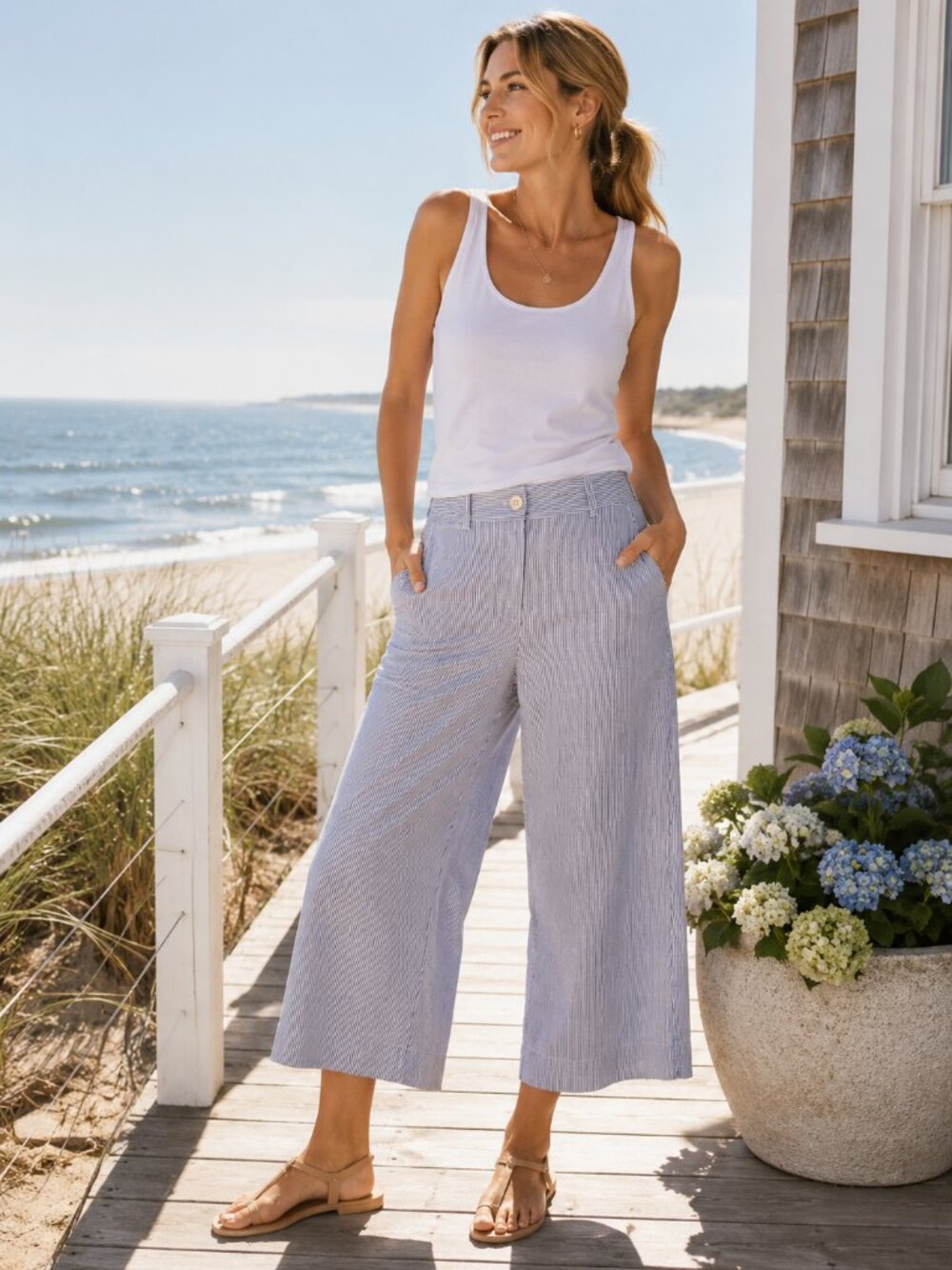 LOFT Blue White Pinstripe Cropped Wide Leg Pants Nautical Size 10  1113